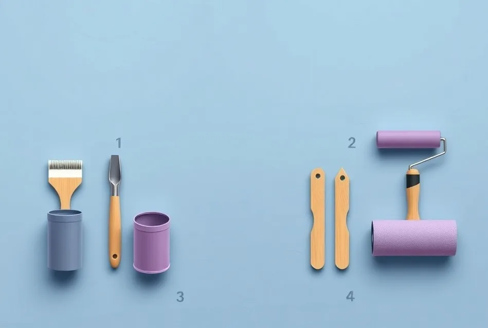 Outils de peinture disposés dans l'ordre des étapes du chantier