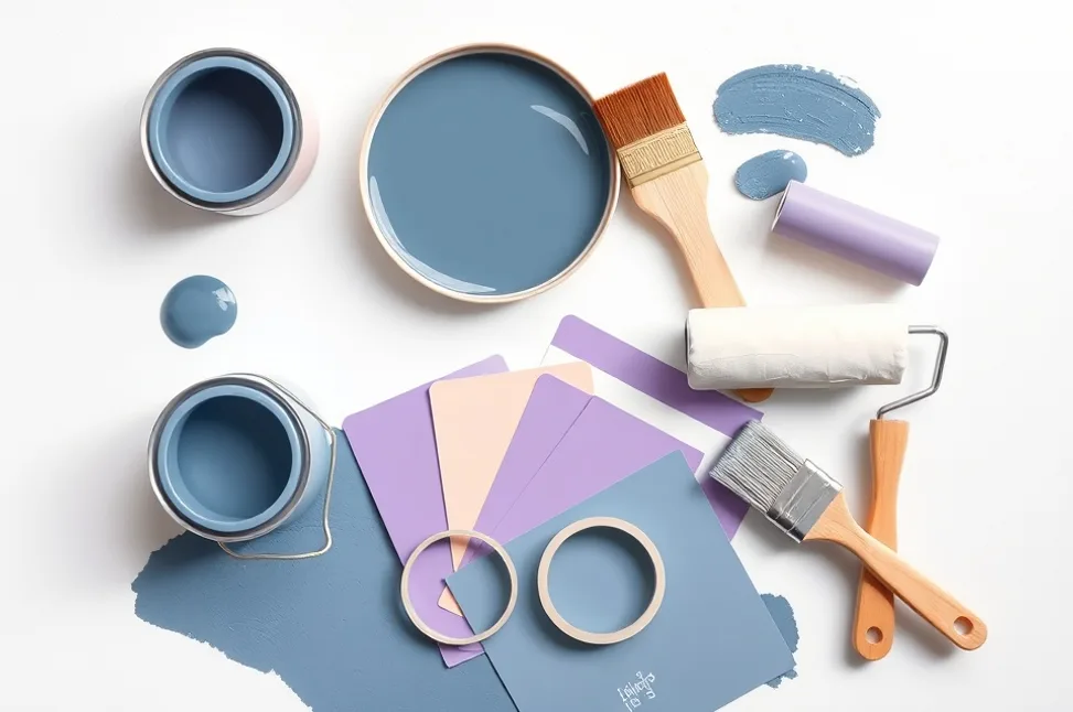 Pots de peinture, nuancier, brosses et rouleaux disposés à plat