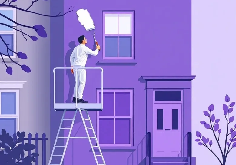 Peintre sur échafaudage traitant la façade d'une maison
