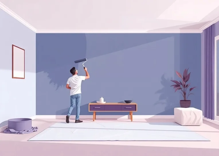 Peintre appliquant la peinture au rouleau sur un mur de salon